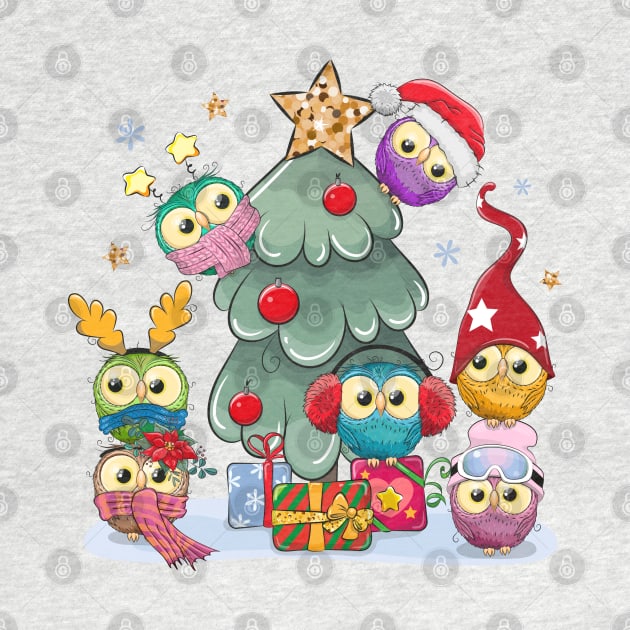 Cute Christmas tree with little colorful owls sitting on it by Reginast777